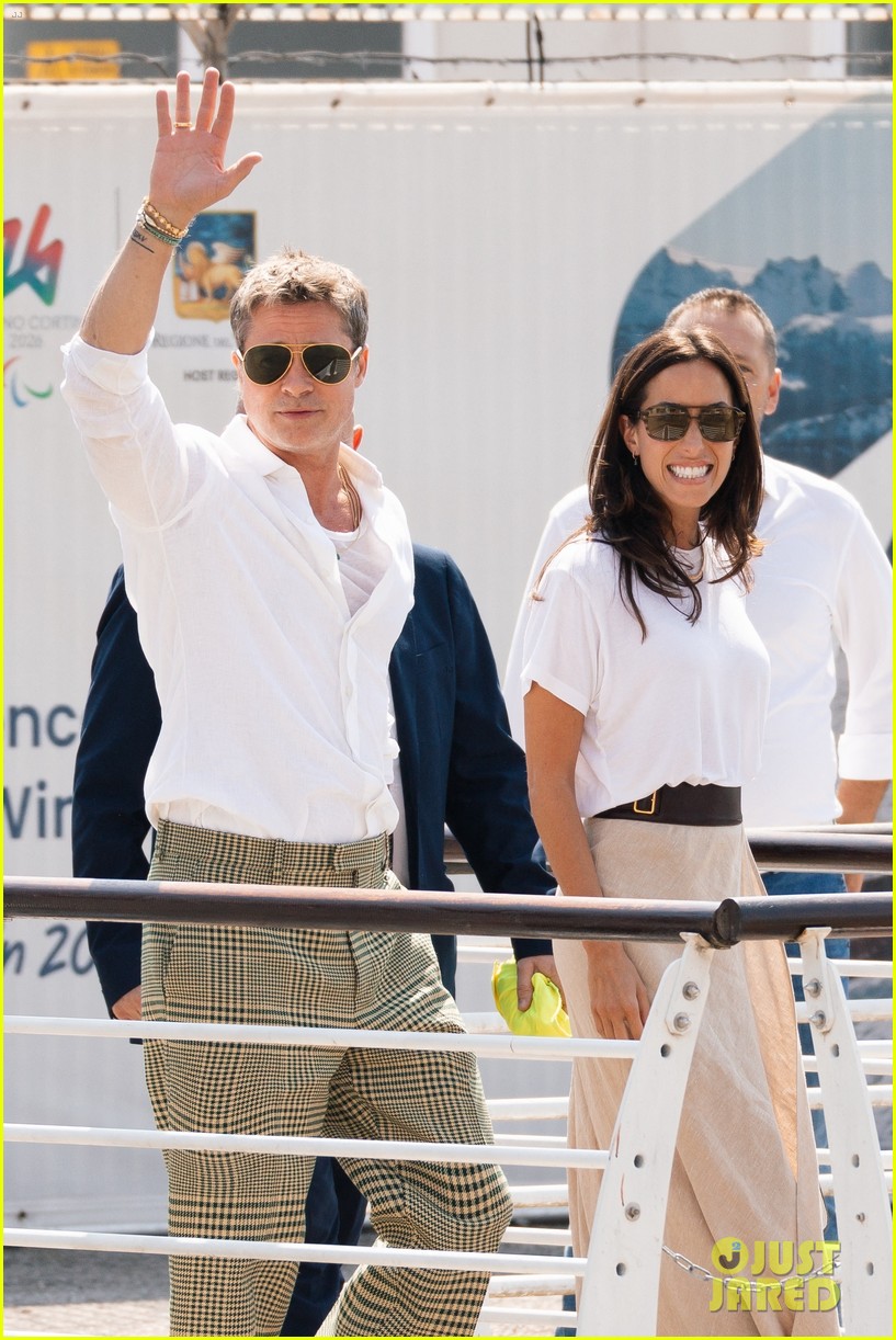 Brad Pitt & Girlfriend Ines de Ramon Coordinate Outfits as They Arrive