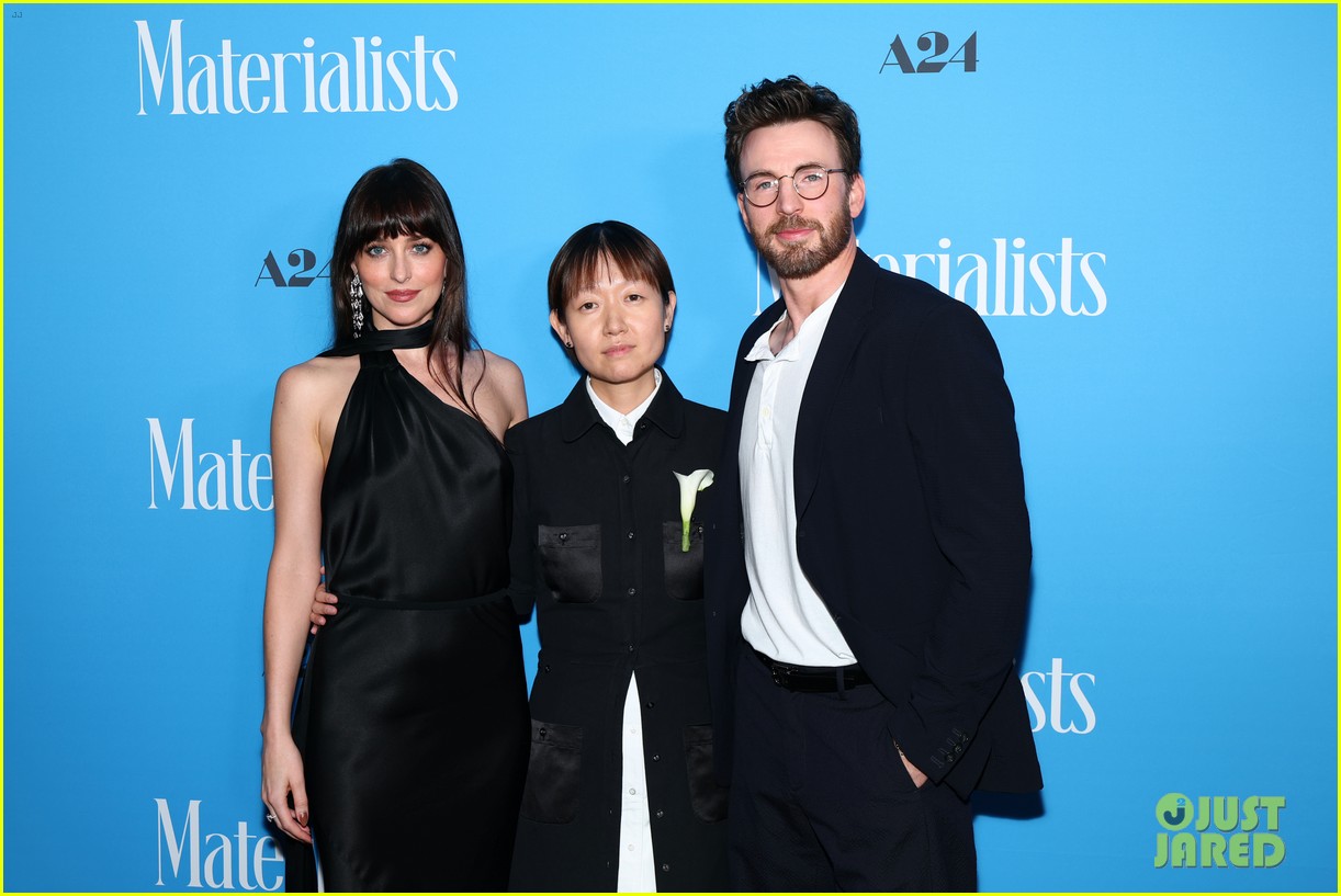 Chris Evans & Dakota Johnson Kiss Pedro Pascal Cutout at 'Materialists ...
