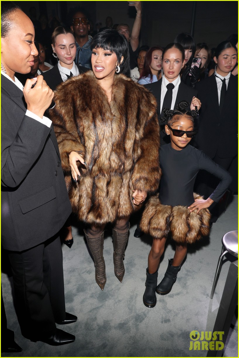 Cardi B & Daughter Kulture Twin in Fur at Alexander Wang Fashion Show