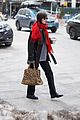 dakota johnson red scarf on coffee run nyc 03