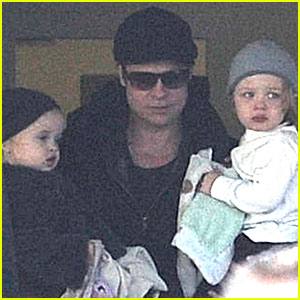 Brad Pitt Lands in Budapest with Knox & Vivienne