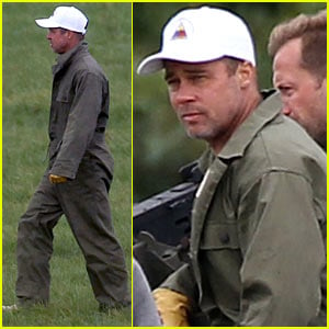 Brad Pitt Shows Off Short Haircut on 'Fury' Set