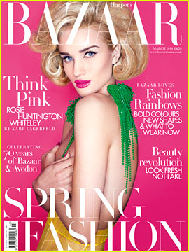Rosie Huntington-Whiteley Covers Bare Breasts for 'Harper's Bazaar UK' March 2014