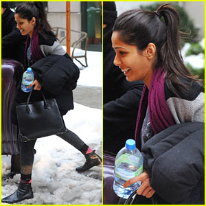 Freida Pinto Laughs Off the Sidewalk Full of Slush & Snow in NYC