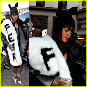 Rihanna's Fur Stole is Covered in 'Fear' at Paris Fashion Show