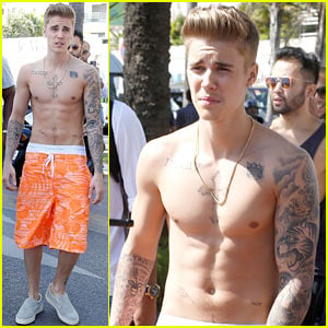 Justin Bieber Displays Shirtless Six Pack While Walking Through Cannes