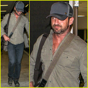 Gerard Butler Shows Off Chest Hair Touching Down at LAX!