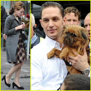 Tom Hardy Cuddles Another Pup on Set of 'Legend' in London