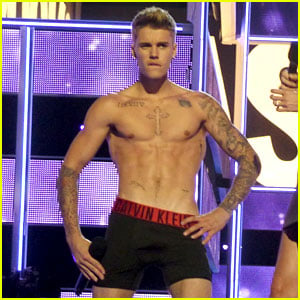 Justin Bieber Strips to His Underwear on Fashion Rocks Stage!, 2014  Fashion Rocks, 2014 New York Fashion Week Fall, Justin Bieber, Lara Stone,  Shirtless