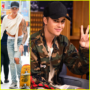 Justin Bieber Skateboards Partially Shirtless Before 'Fallon' Appearance!