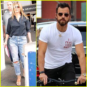 Jennifer Aniston Arrives in LA While Justin Theroux Cruises Through NYC
