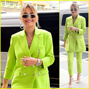 Rita Ora Wears Fluorescent Green Pantsuit for NYC Promo