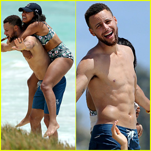 Shirtless Stephen Curry Hits the Beach with Wife Ayesha!
