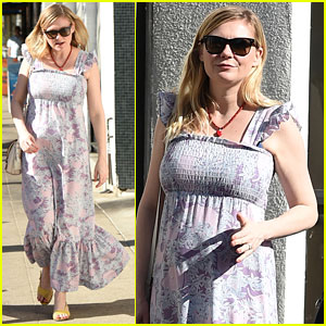 Pregnant Kirsten Dunst Covers Up Baby Bump in Purple Maxi Dress