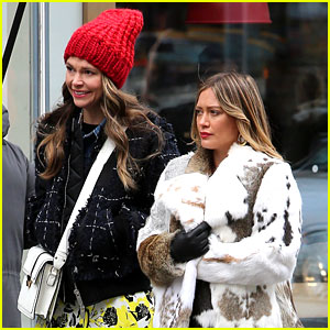 Hilary Duff Wraps Up in Fur Coat on 'Younger' Set with Sutton Foster