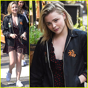 Chloe Moretz Pairs Polka-Dot Dress With Bomber Jacket for Lunch With Friends