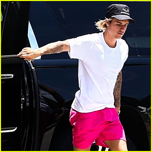 Justin Bieber Rocks Bright Pink Shorts to Kick Off Miami Trip
