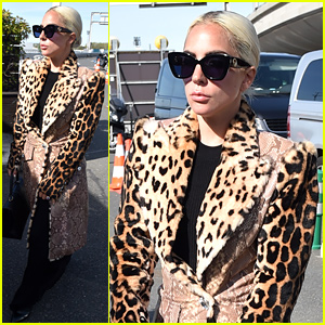 Lady Gaga Wears Leopard-Print Coat at Airport in Paris