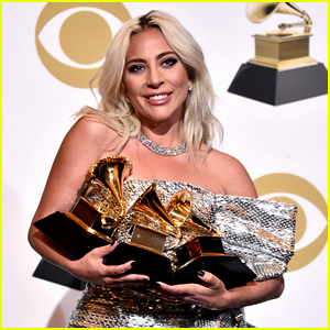 Lady Gaga Poses with Her Three Grammys in the Press Room