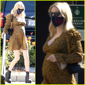 Emma Roberts Dresses Baby Bump in Gold & Black Outfit for Coffee Run