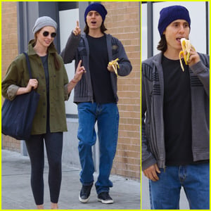 Jared Leto Snacks on a Banana While Filming New Apple TV+ Series 'WeCrashed' with Anne Hathaway