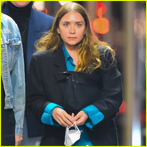 Ashley Olsen Rocks a Bright Blue Blouse for a Night Out with Friends