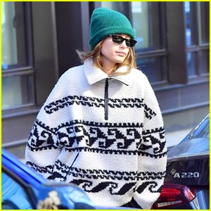 Hailey Bieber Stays Cozy in a Patterned Fleece During a Day Out in NYC