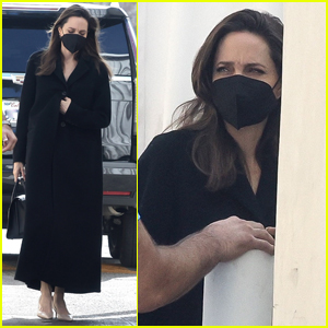 Angelina Jolie Sports Long Black Coat for Day Out in Los Feliz