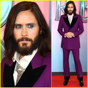 Jared Leto Sports Glittery Blue Eye Makeup & Purple Suit for 'Morbius' Premiere in London