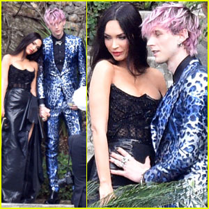 Machine Gun Kelly Wears Blue Leopard-Print Suit to Travis Barker & Kourtney Kardashian's Wedding with Megan Fox