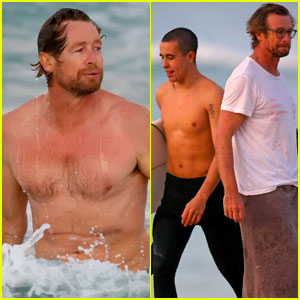 Simon Baker Goes for Dip in the Ocean While at the Beach with Son Harry