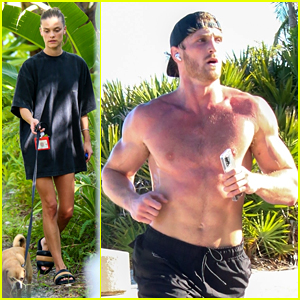 Logan Paul Goes Shirtless During Miami Beach Run with Girlfriend Nina Agdal