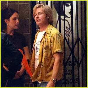 Brad Pitt Wears His Cliff Booth Wig & Costume While Filming at Vintage Movie Theater for 'Once Upon a Time in Hollywood' Sequel