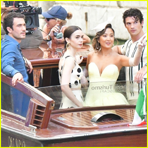 Lily Collins Joins ‘Emily in Paris’ Costars Ashley Park, Eugenio Franceschini & Paul Forman on Boat in Venice