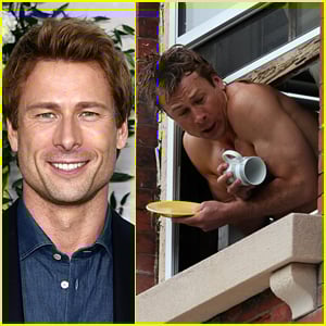 Glen Powell Goes Shirtless While Hanging Out of a Window to Film
