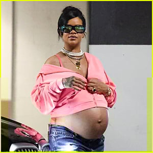 Pregnant Rihanna Puts Baby Bump on Display in Pink Cropped Sweatshirt