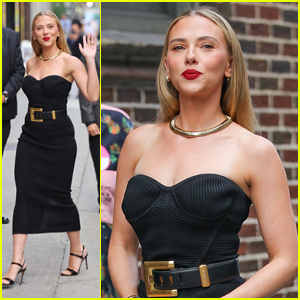 Scarlett Johansson Visits 'Colbert' In a Little Black Dress by Balmain