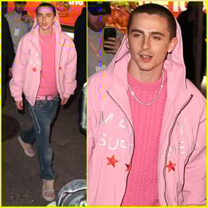 Timothee Chalamet Rocks Bright Pink Outfit for ‘Marty Supreme’ Pop Up Event in NYC