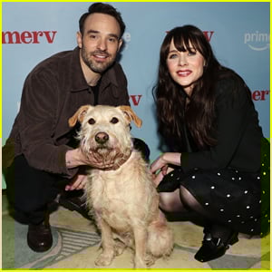 Zooey Deschanel & Charlie Cox Cozy Up to Gus the Dog to Promote New Movie 'Merv'