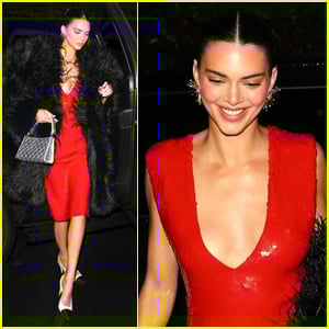 Kendall Jenner Pairs Red Dress with Black Fuzzy Coat for Christmas Eve Party