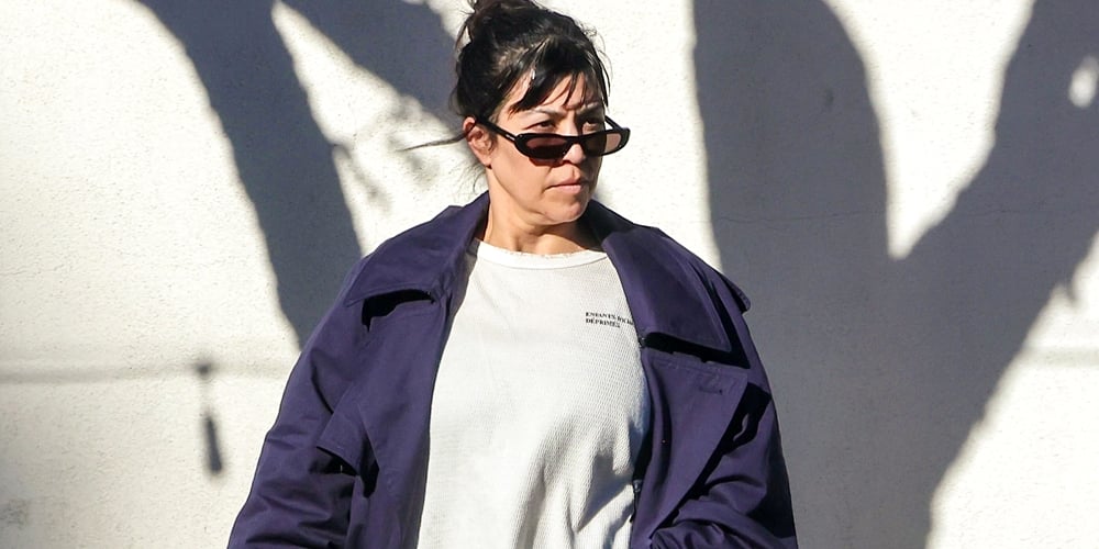 Kourtney Kardashian Wears Purple Trench Coat to Pick Up Food Order in Studio City
