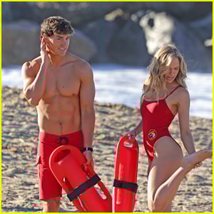 'Baywatch' 2026 Set Photos Show Noah Beck Shirtless, Jessica Belkin In Iconic Red One-Piece!