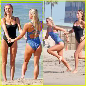 Livvy Dunne &amp; Brooks Nader Seen in Swimwear Running &amp; Diving on the Beach for 'Baywatch'