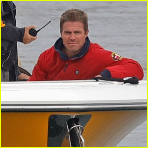Stephen Amell Films Scenes for 'Baywatch' Reboot Series on Lifeguard Boat in L.A.