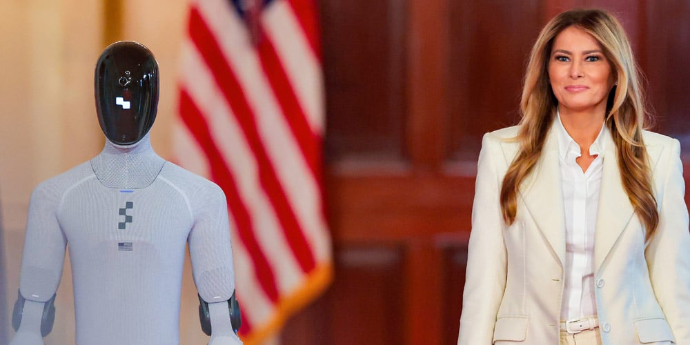 Melania Trump Enters Conference with AI-Powered Robot, Set to Music From ‘Hook’ Soundtrack (Video) | Melania Trump | Celebrity News and Gossip | Entertainment, Photos and Videos